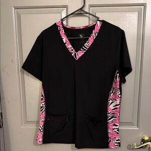 Chic V-Neck Short Sleeve Top in Black with Pink Accents